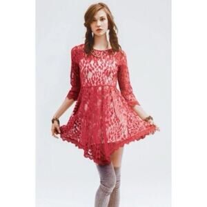 Free People Womens Dress 0 Red Floral Mesh Sheer Lace Asymmetrical Boho Romantic